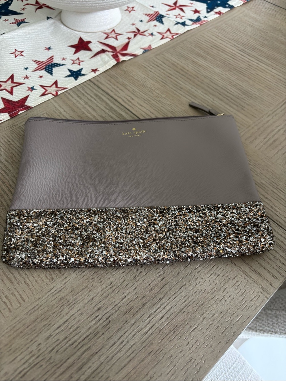 kate spade taupe clutch with gold glitter trim